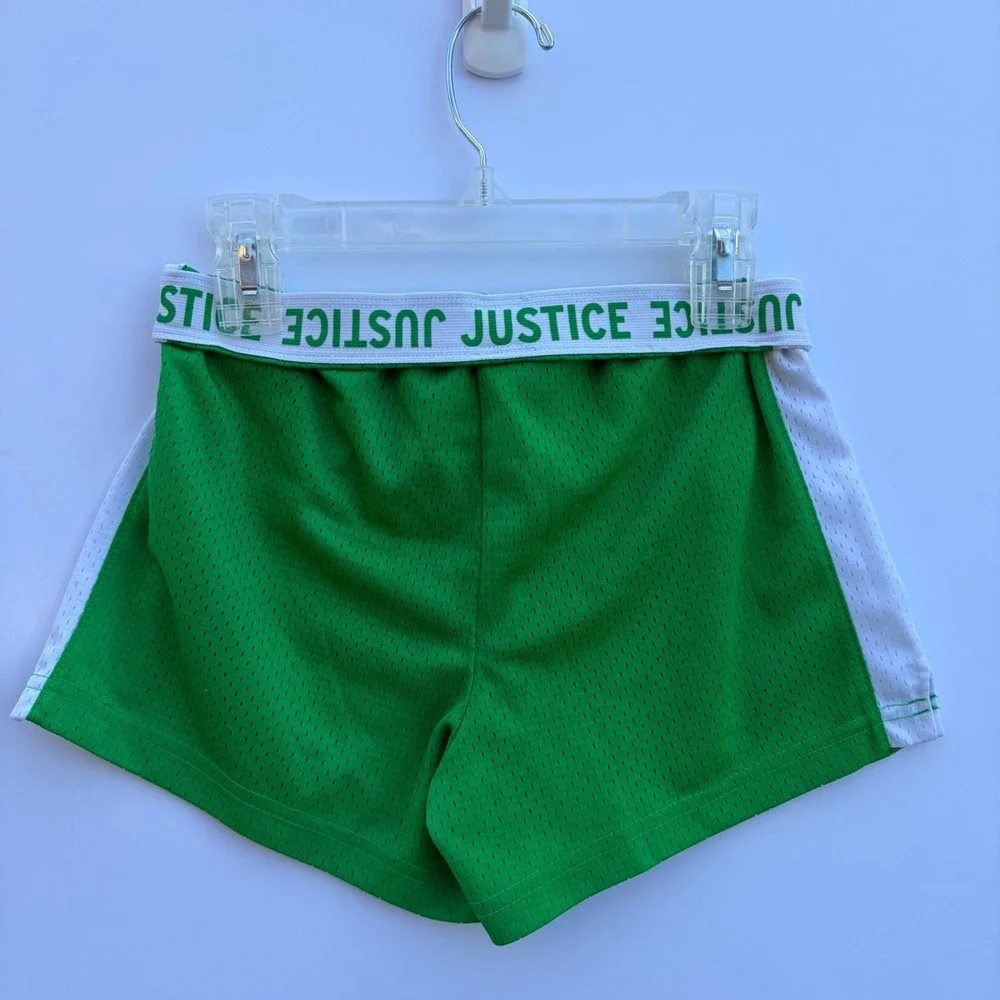 Justice Girls Green Athletic Shorts White Side Stripe Logo Waistband‎ Size 10